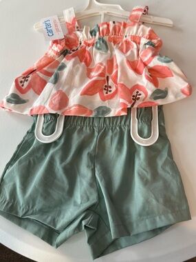 Carter's Peach Floral Ruffle Tank and Sage Green Shorts Set